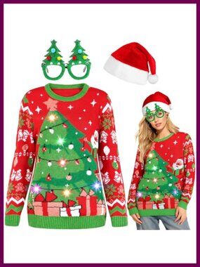 Light Up Ugly Christmas Sweater Set LED Pullover Long Sleeve Women